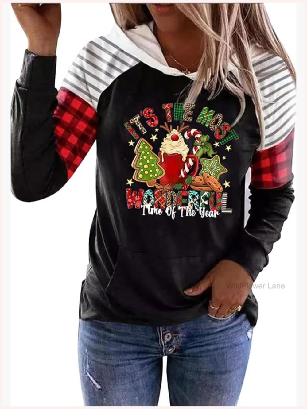 Women's Buffalo Plaid Christmas Hoodie Long Sleeve Holiday Sweatshirt